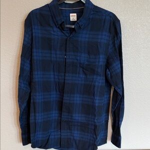 Navy Blue Plaid Button-Down Shirt